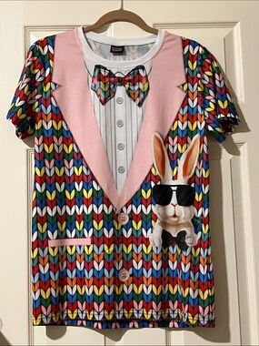 Novelty Short Sleeve Easter Bunny Tuxedo Print Tee - Pink Multicolor - Medium